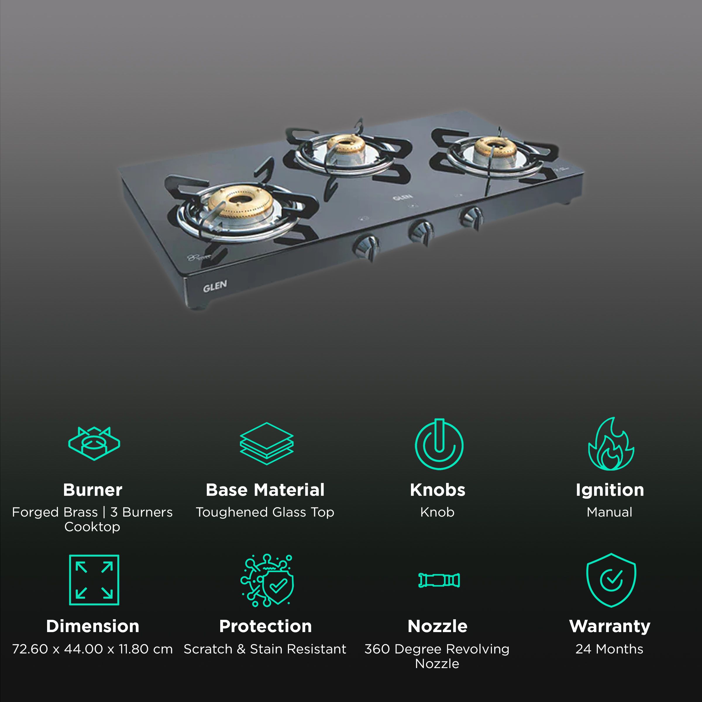 Buy Glen 1033 GT XL FB BL DD Toughened Glass Top 3 Burner Manual Gas